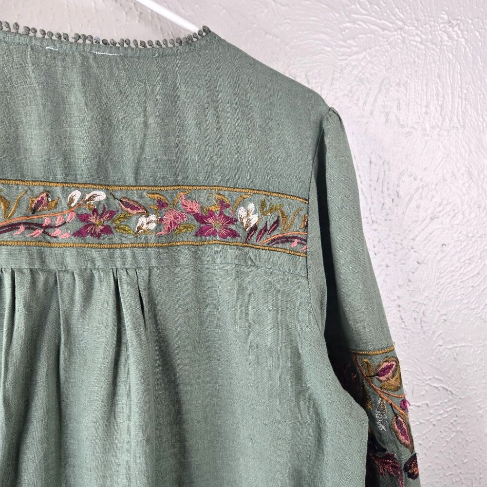 Sundance Boho Blouse Medium Dark Green Linen Floral Bird Embroidered Peasant Top - Picture 11 of 12